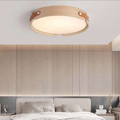 Stilfuld Cirkulær Træ- og Læderloftslampe – Chic, Miljøvenlig Belysning Flush Mount Ceiling Lights Tech Butik
