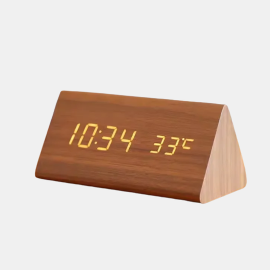 LED Træbordur med Stemmeaktivering – Moderne Elegance Møder Smart Teknologi Clocks Tech Butik Brun-trekantet