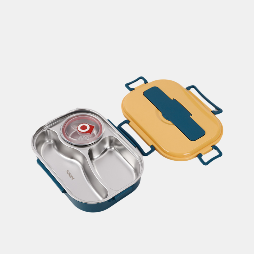 Madkasse i Rustfrit Stål – Holdbar, Stilfuld og Perfekt Opdelt Frokostkasser Tech Butik Gul 3 Skåle med Suppeske