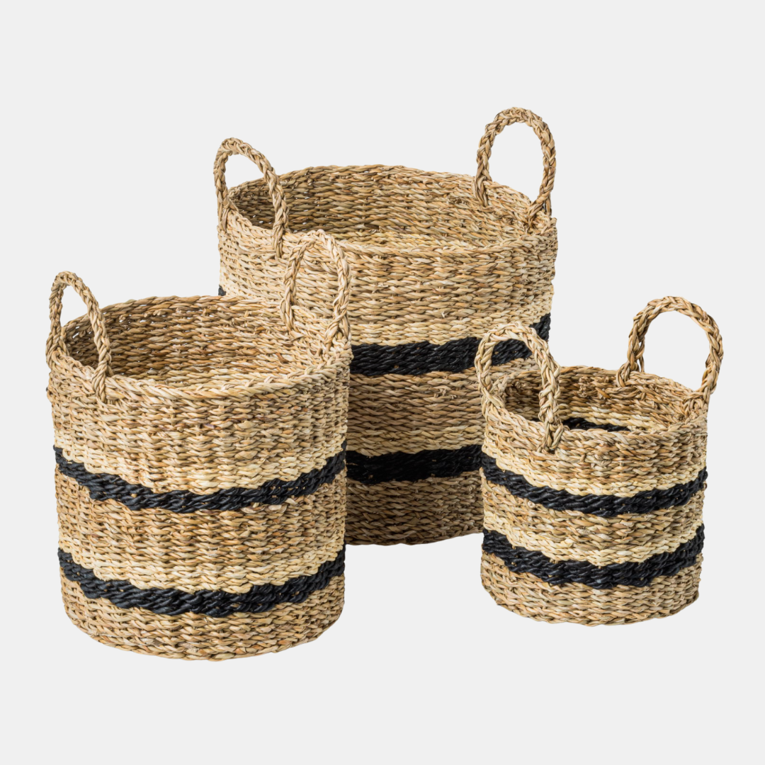 Sæt af Rattan Kurve med Striber – Stilfuld og Funktionel Opbevaring Kurve Tech Butik