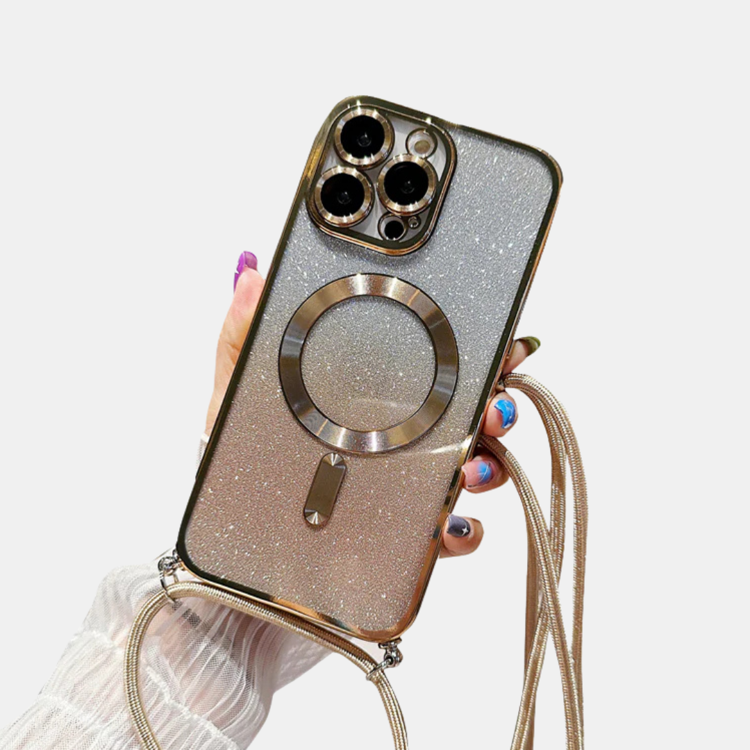 Luksus Glitter iPhone Cover – Crossbody Rem & Kamera Beskyttelse Mobiltelefontilbehør Tech Butik iPhone 17 Pro Max Guld