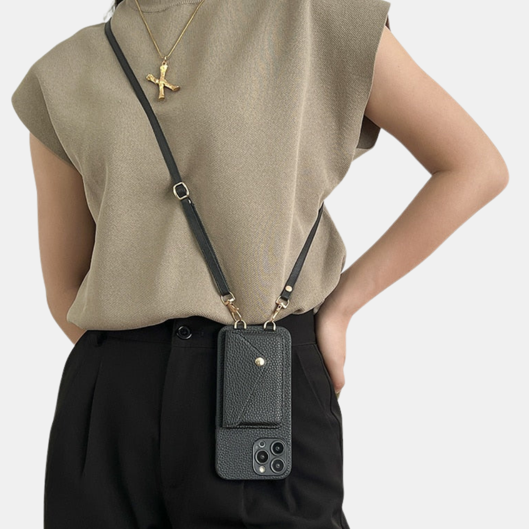 Luksus Læder Crossbody iPhone Cover – Pungefunktion med Rem & Strop Håndtasker Tech Butik iPhone 17 Pro Max Sort