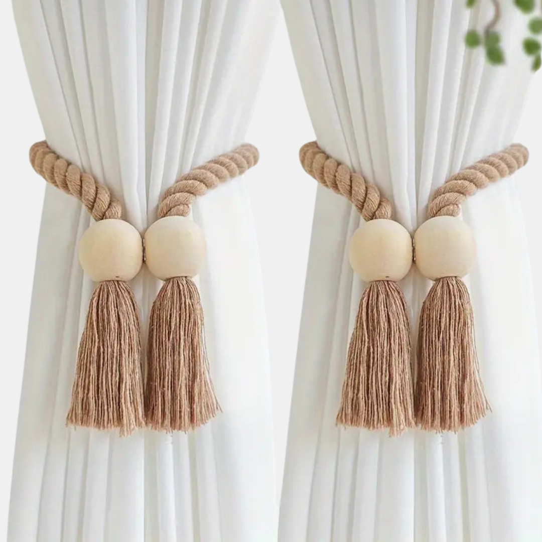 Magnetiske Gardinholdere – Tvistet Reb med Træperler Gardinstænger og holdere Tech Butik Beige Rund (2 stykker)
