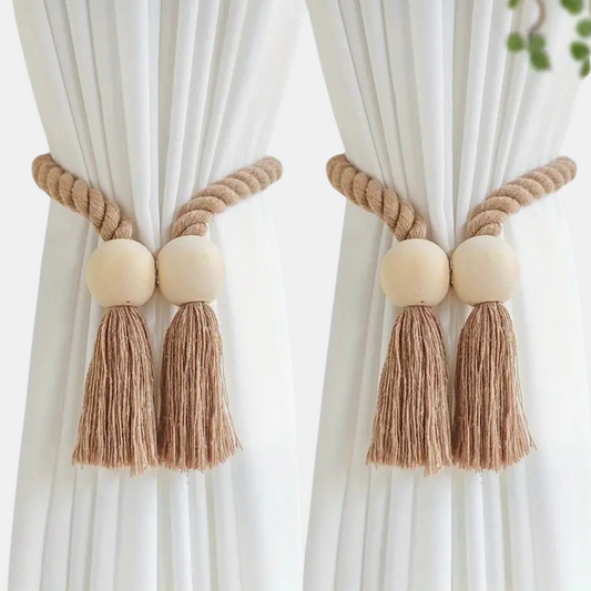 Magnetiske Gardinholdere – Tvistet Reb med Træperler Gardinstænger og holdere Tech Butik Beige Rund (2 stykker)