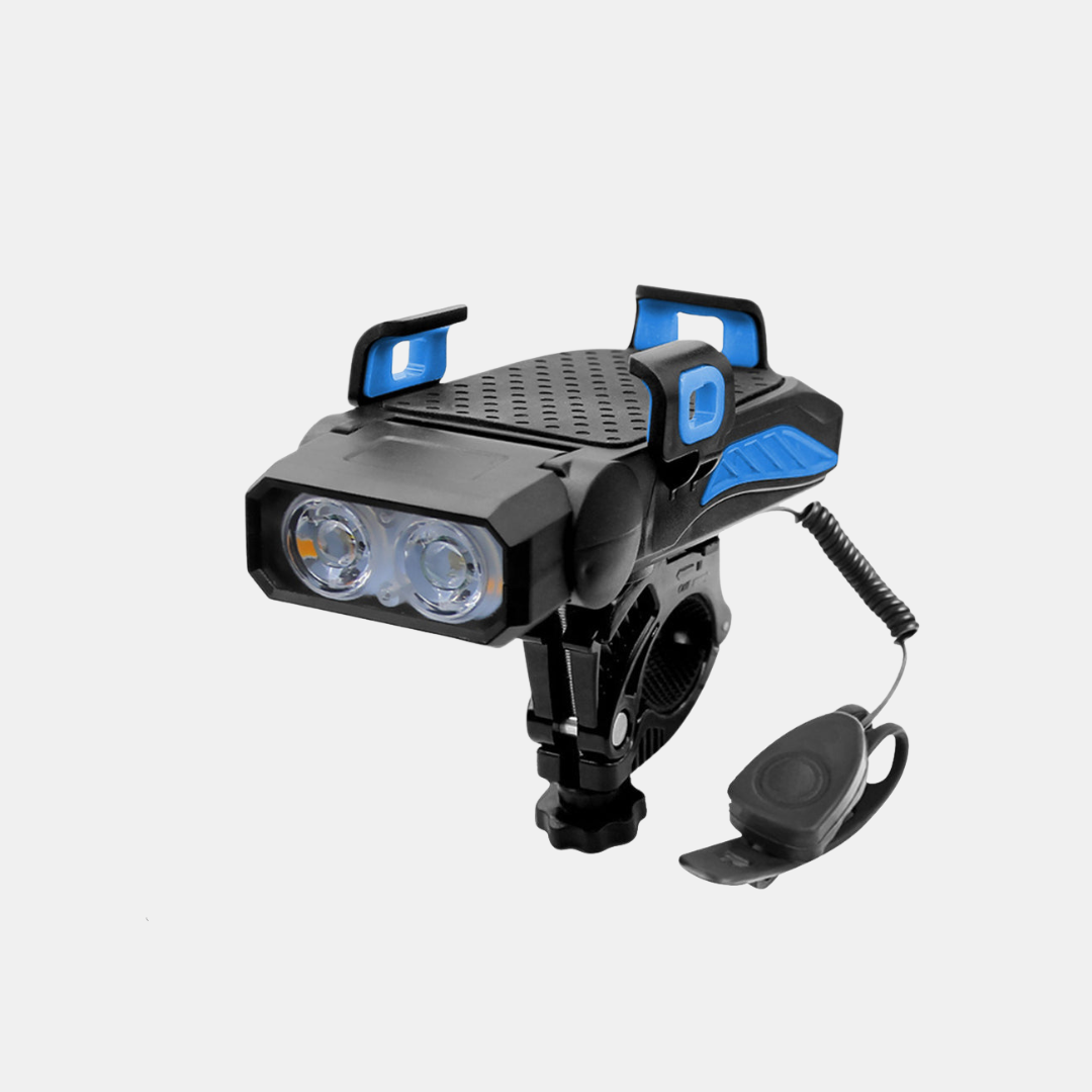 Smart 4-i-1 Mobiltelefonholder – Telefonholder, Cykellygte, Oplader & Elektrisk Klokke Mobiltelefontilbehør Tech Butik Havblå