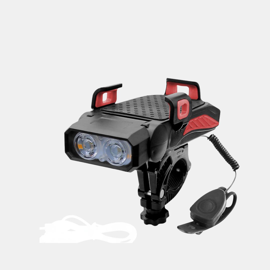 Smart 4-i-1 Mobiltelefonholder – Telefonholder, Cykellygte, Oplader & Elektrisk Klokke Mobiltelefontilbehør Tech Butik Kirsebær rød