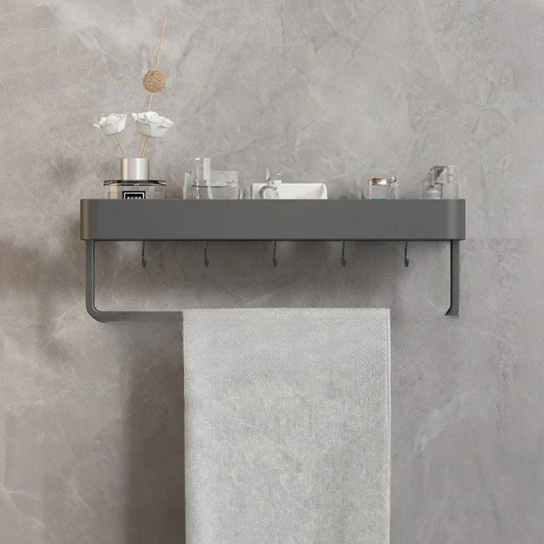 Moderne Badeværelseshylde – Stilfuld Opbevaring til et Rydeligt Rum Badeværelsestilbehør Tech Butik Grå 40cm - Med håndklædeholder