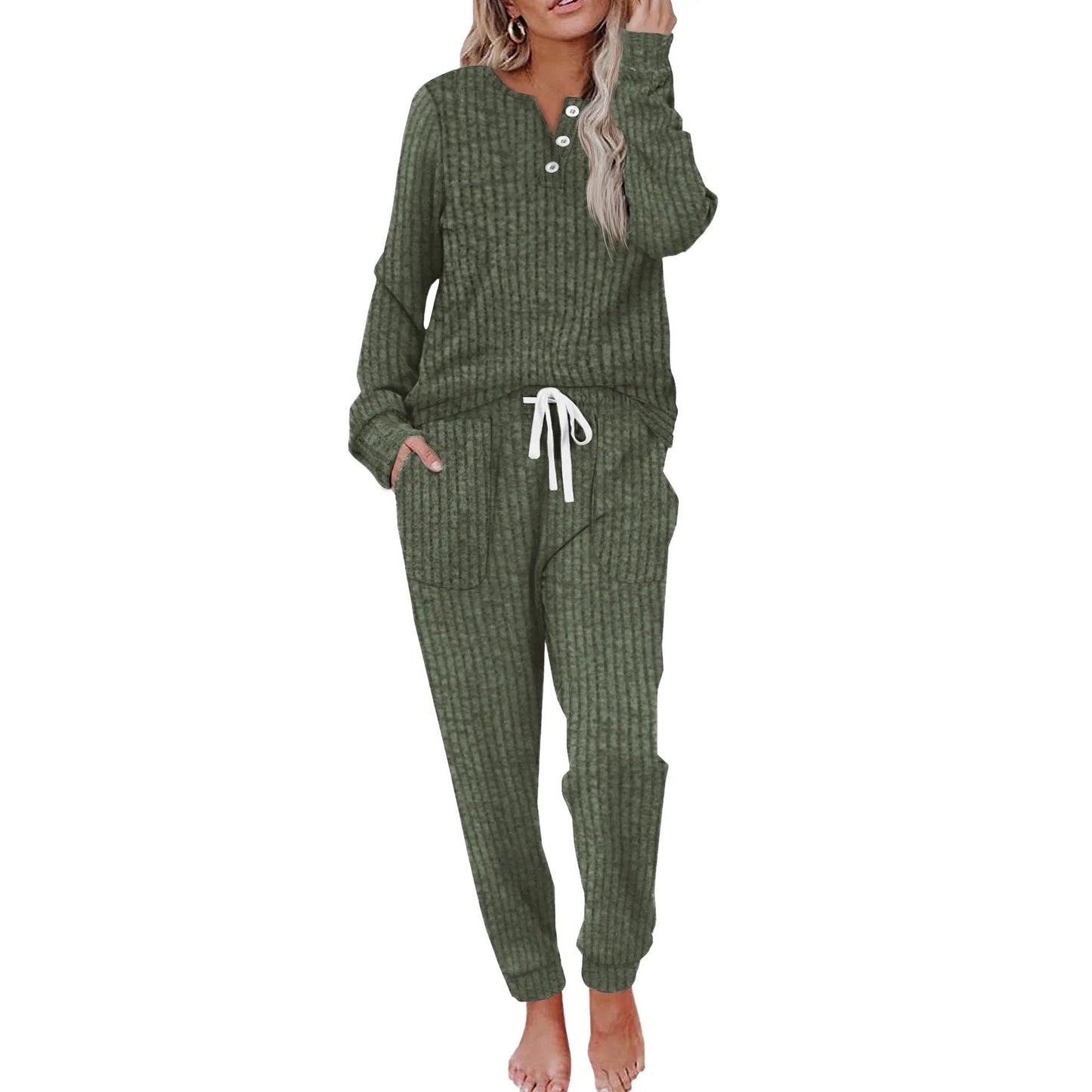 Dame Loungewear Sæt med Knappelukning Loungewear Set Tech Butik Grøn S
