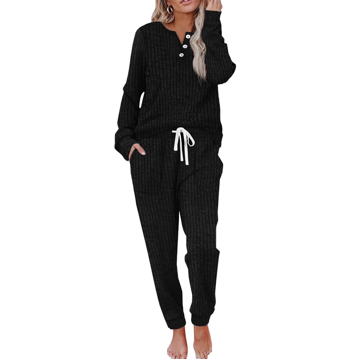 Dame Loungewear Sæt med Knappelukning Loungewear Set Tech Butik Sort S