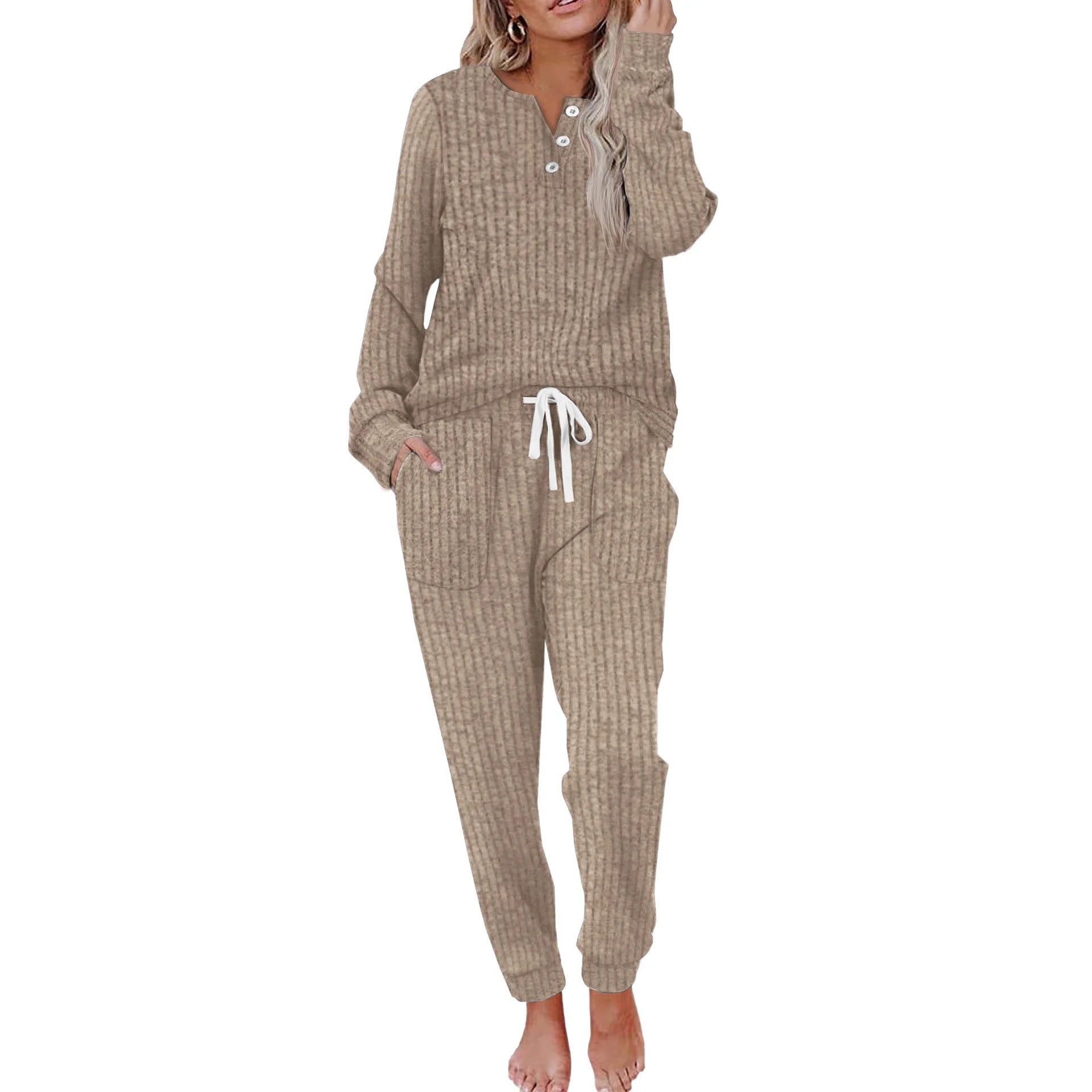 Dame Loungewear Sæt med Knappelukning Loungewear Set Tech Butik Khaki S