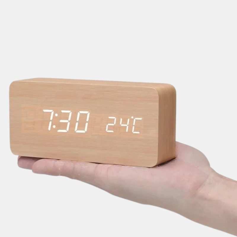 Digitalt vækkeur med stemmestyring og LED-display Ure Tech Butik Træ-kubeformet