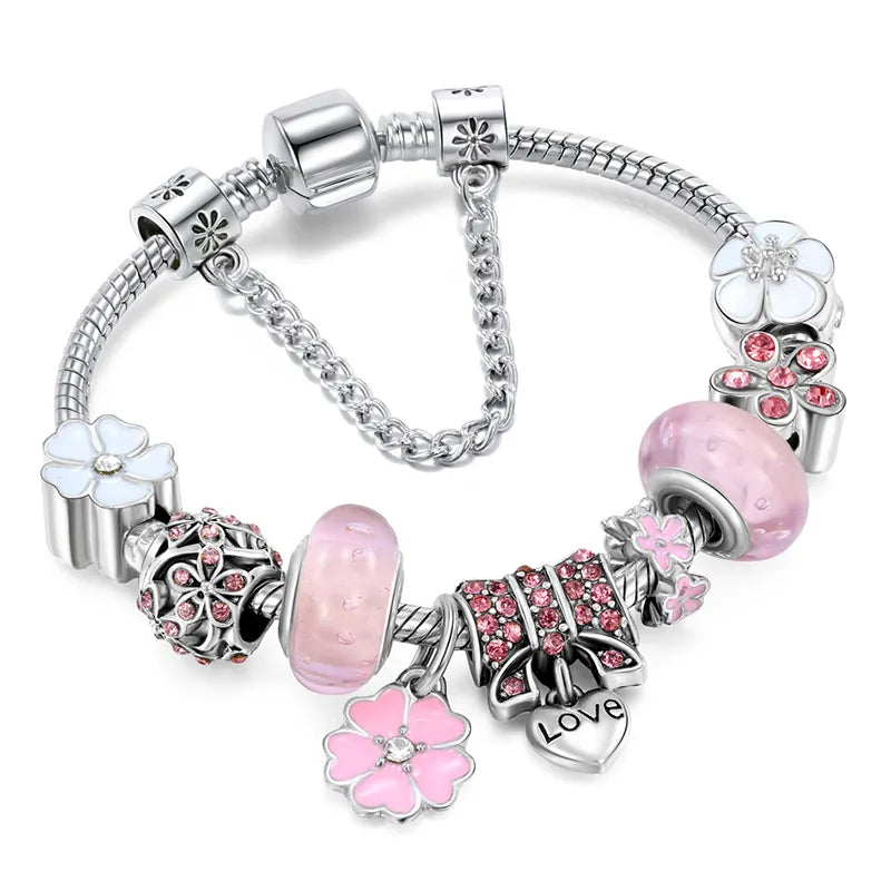 Elegant Blomster Charm Armbånd – Tidløst 925 Sterling Sølv med Naturlig Skønhed Armbånd Tech Butik Pink