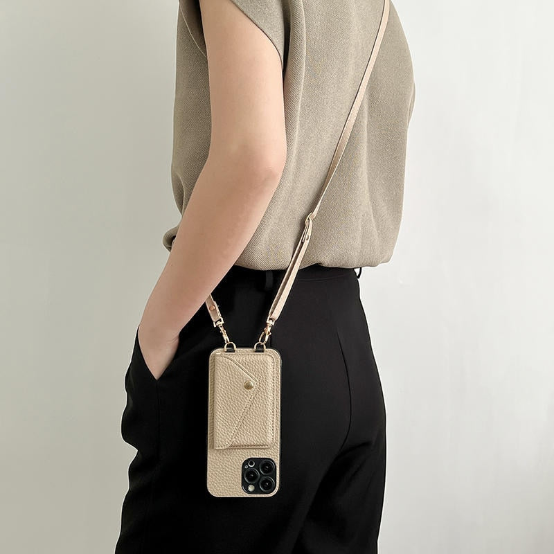 Luksus Læder Crossbody iPhone Cover – Pungefunktion med Rem & Strop Håndtasker Tech Butik iPhone 17 Pro Max Khaki