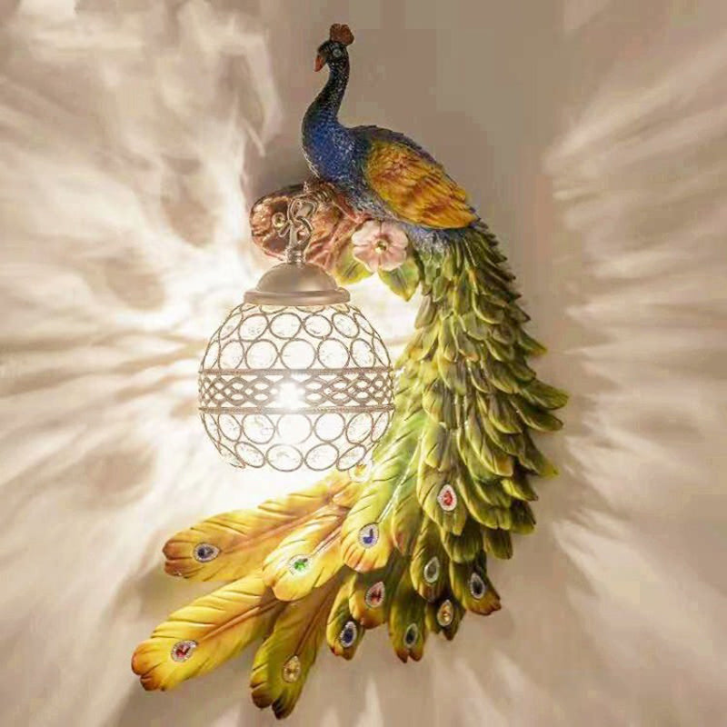 Påfugl Resin Væglampe – Krystalindlagt Globus Sconce til Elegante Interiører Væglamper Tech Butik