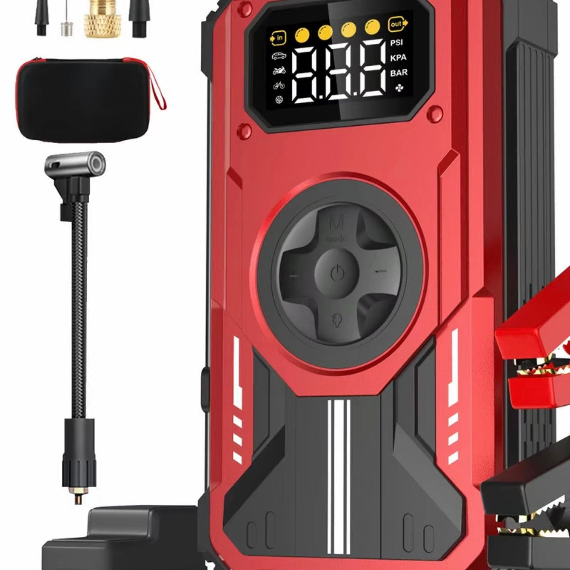 Bilbatteri Starter – Bærbar Batteristarter med Luftkompressor Tech Butik Rød