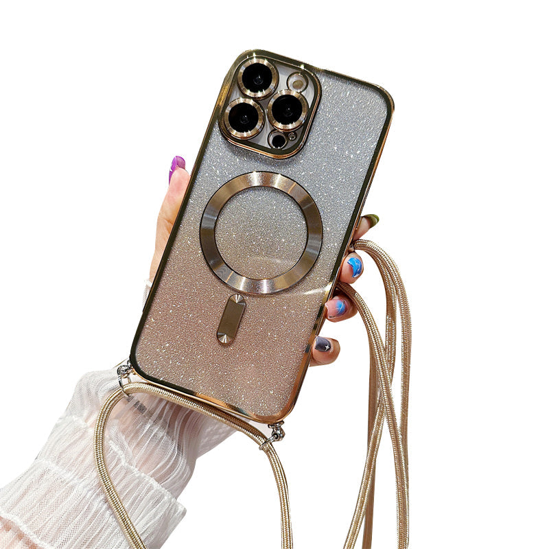 Luksus Glitter iPhone Cover – Crossbody Rem & Kamera Beskyttelse Mobiltelefontilbehør Tech Butik iPhone 17 Pro Guld