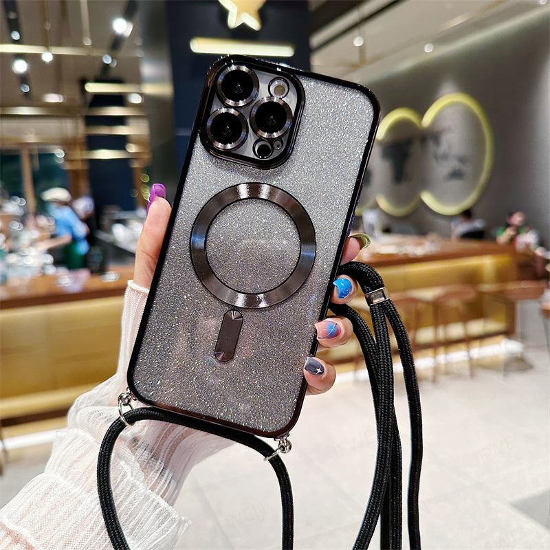 Luksus Glitter iPhone Cover – Crossbody Rem & Kamera Beskyttelse Mobiltelefontilbehør Tech Butik iPhone 17 Pro Max Sort