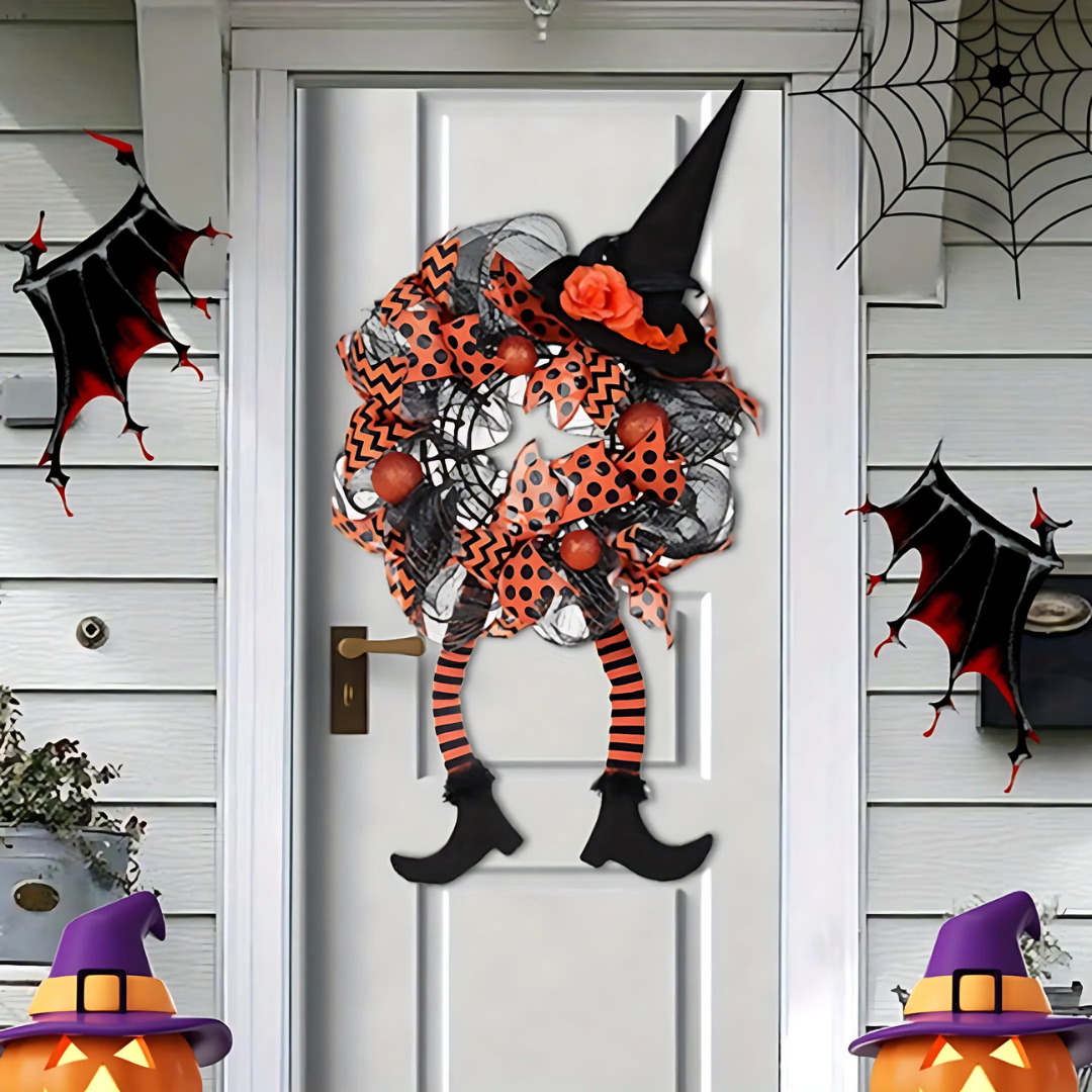 Lunefuldt Witch Mesh-krans – Halloween-dekoration til Yderdøren for Festlig Sjov Halloween Tech Butik Orange