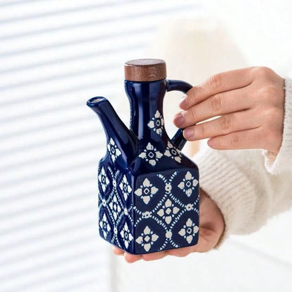 Olivenolie Dispenser – Håndmalet Keramik med Træprop Olie- og eddike dispensere Tech Butik