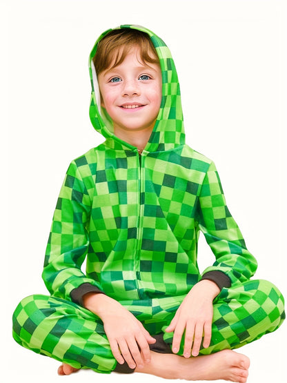 Børns Minecraft Kostume-Onsie – Grønternet Design til Halloween & Fester Drenge Kostumer Tech Butik
