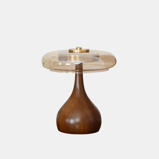 Moderne LED-bordlampe med træfinish Bordlampe Tech Butik Dia 22cm x H 24.5cm Valnødfarve & Rometo kontrolvariator