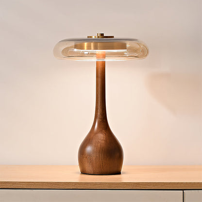 Moderne LED-bordlampe med træfinish Bordlampe Tech Butik Dia 22cm x H 31.5cm Valnødfarve & Rometo kontrolvariator