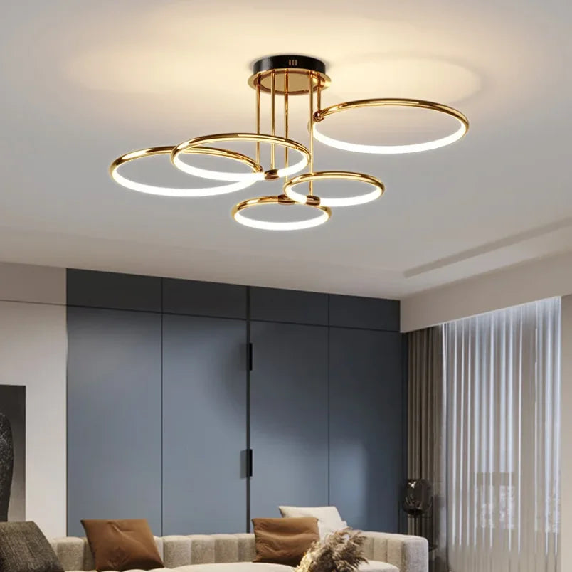 Moderne LED Lysekrone Loftslampe med Ring – Geometrisk Elegance Møder Stemningsfuld Belysning Loftlamper Tech Butik Guld 5 ringe