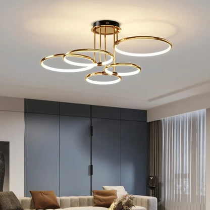 Moderne LED Lysekrone Loftslampe med Ring – Geometrisk Elegance Møder Stemningsfuld Belysning Loftlamper Tech Butik Guld 5 ringe