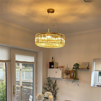 Moderne Lysekrone i Krystal med Justerbar Højde til Spisestue – 6 Lys Kronleuchtere Tech Butik Messing