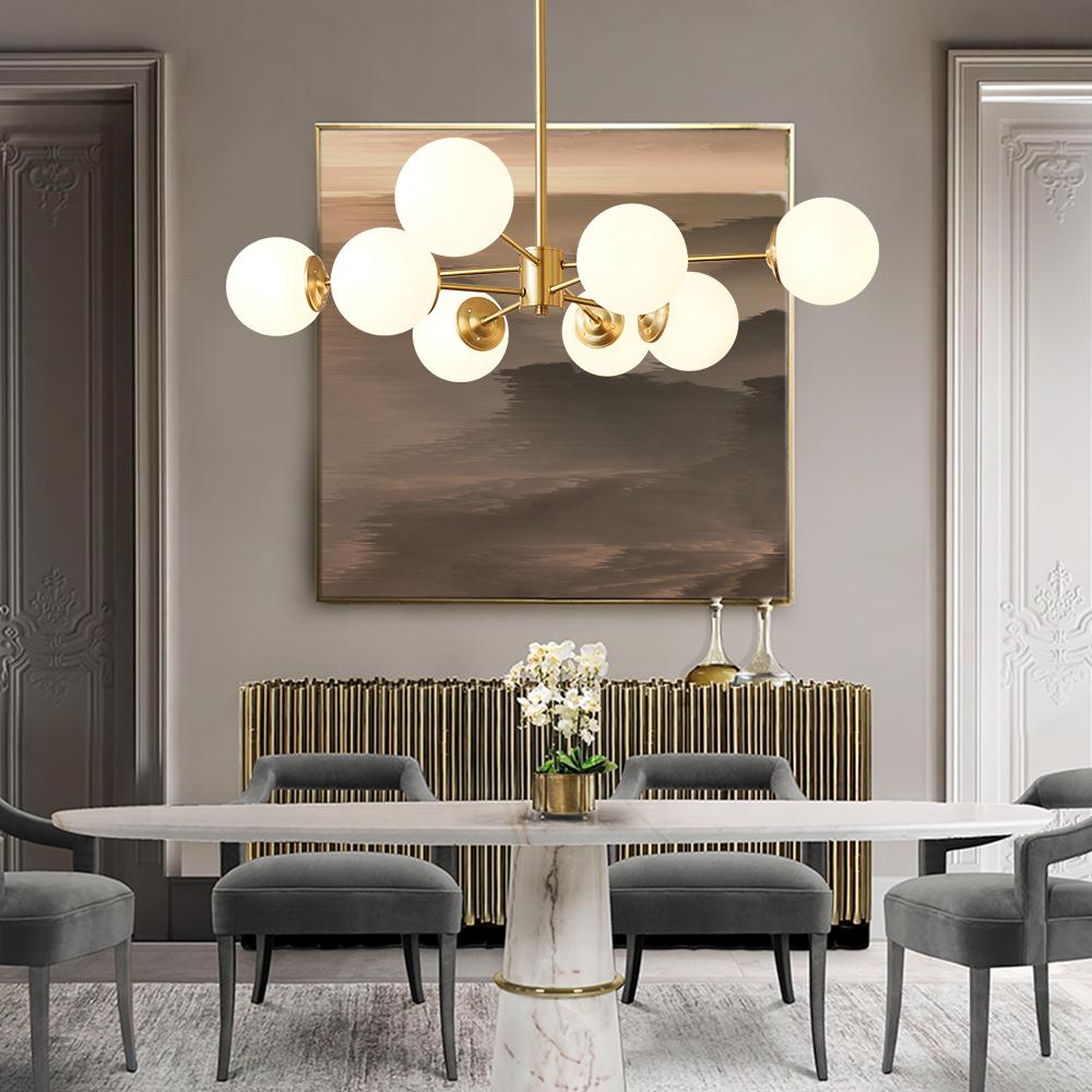 Moderne Lysekrone med Opal Glas – Justerbar Belysning til Stue og Køkken Kronleuchtere Tech Butik Messing 8-Lys