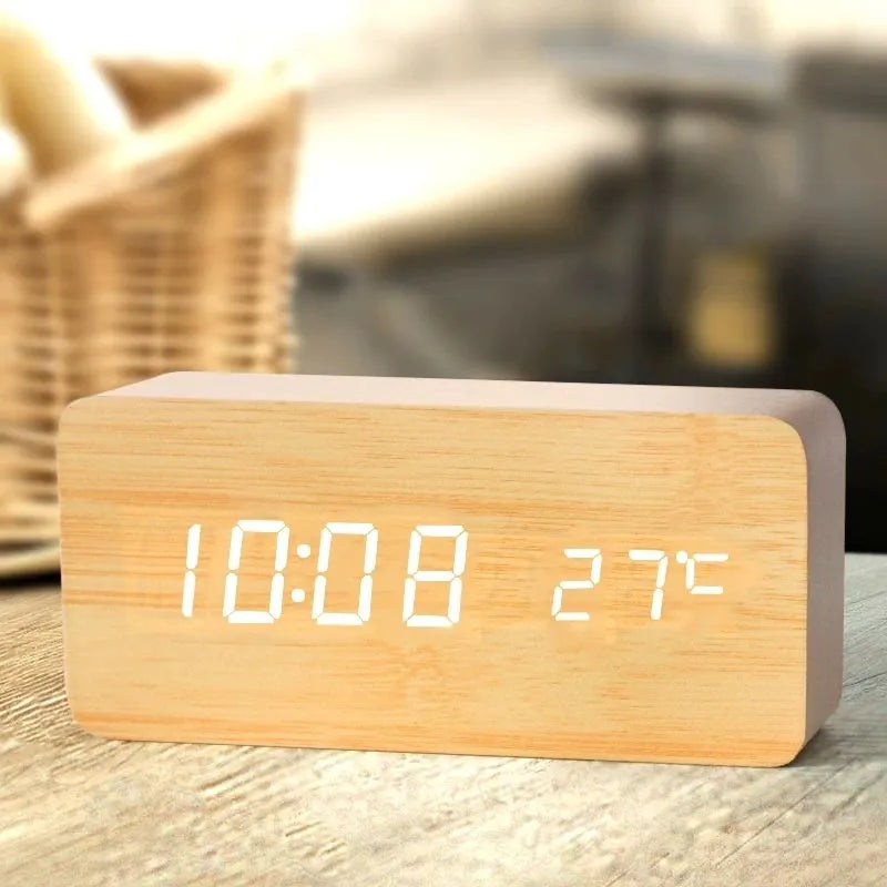 Moderne Træ Digital Ur med LED Tid- og Temperaturvisning Digitalt ure Tech Butik