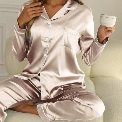 Dame Pyjamasæt med Lange Ærmer – Komfort med Knappelukning til Afslapning Loungewear Set Tech Butik Champagne S