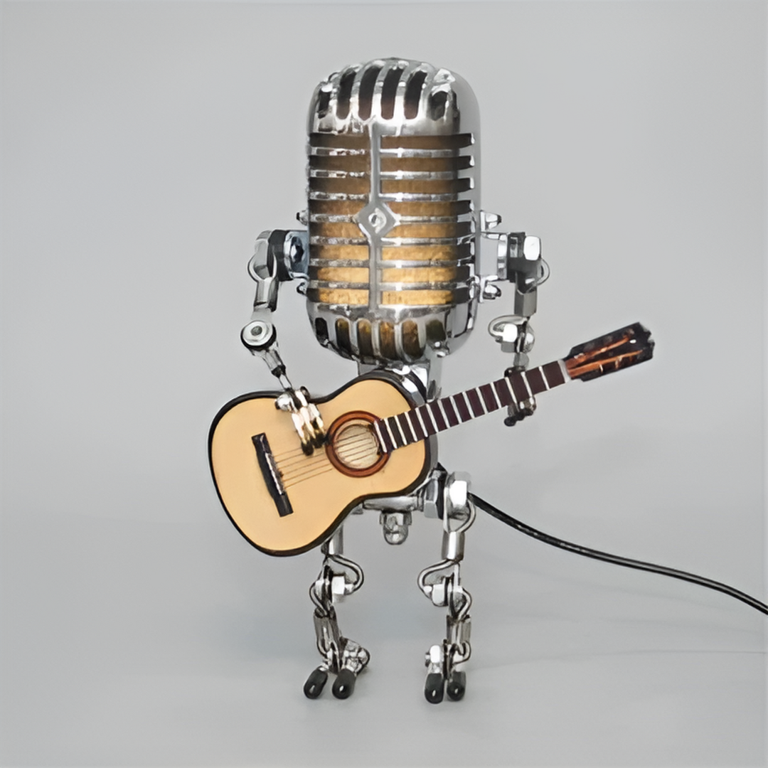 Unik Robot Bordlampe med Guitar – Moderne Dekorativ Natlampe Belysning Tech Butik Gul guitar