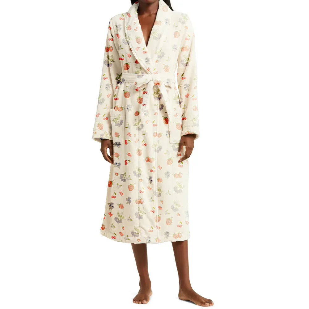 Blomsterprint Kvinders Morgenkåbe – Blød Flannel Badekåbe med Sjalskrave Women's Robes Tech Butik Elfenben S