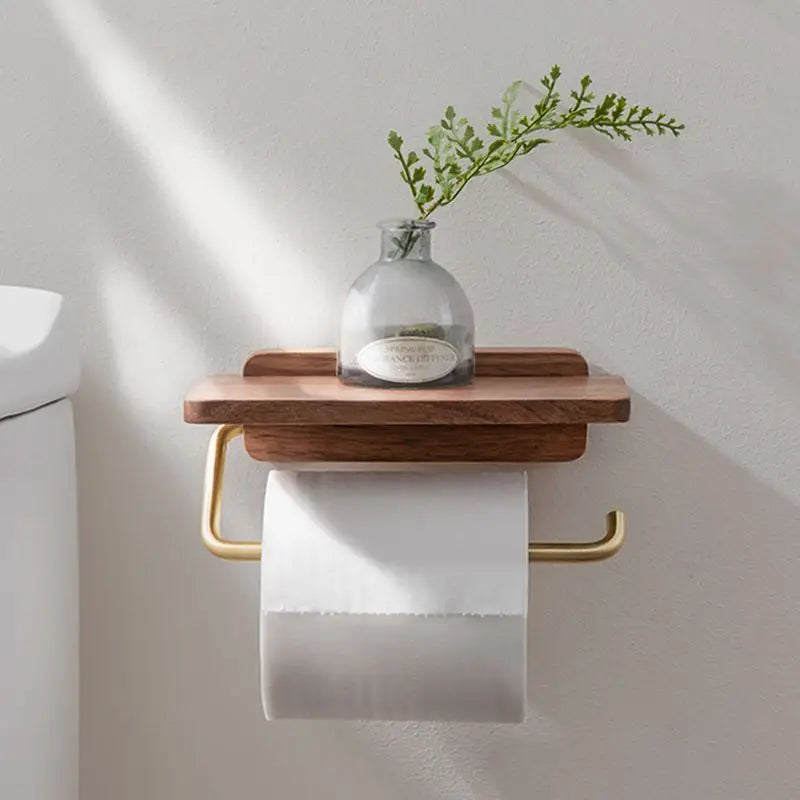 Moderne Vægmonteret Toiletrulleholder i Valnød med Praktisk Hylde Bathroom Accessories Tech Butik