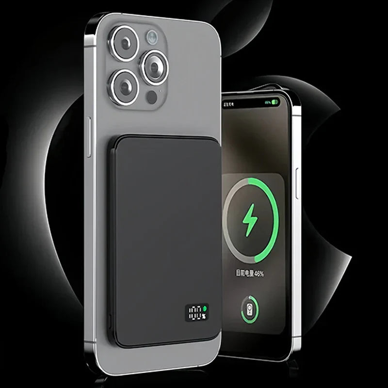 Ultra-Tynd Ekstern Batteripakke – Hurtig Magnetisk Trådløs Oplader med LED-Display Power Banks Tech Butik Sort 5000 mAh