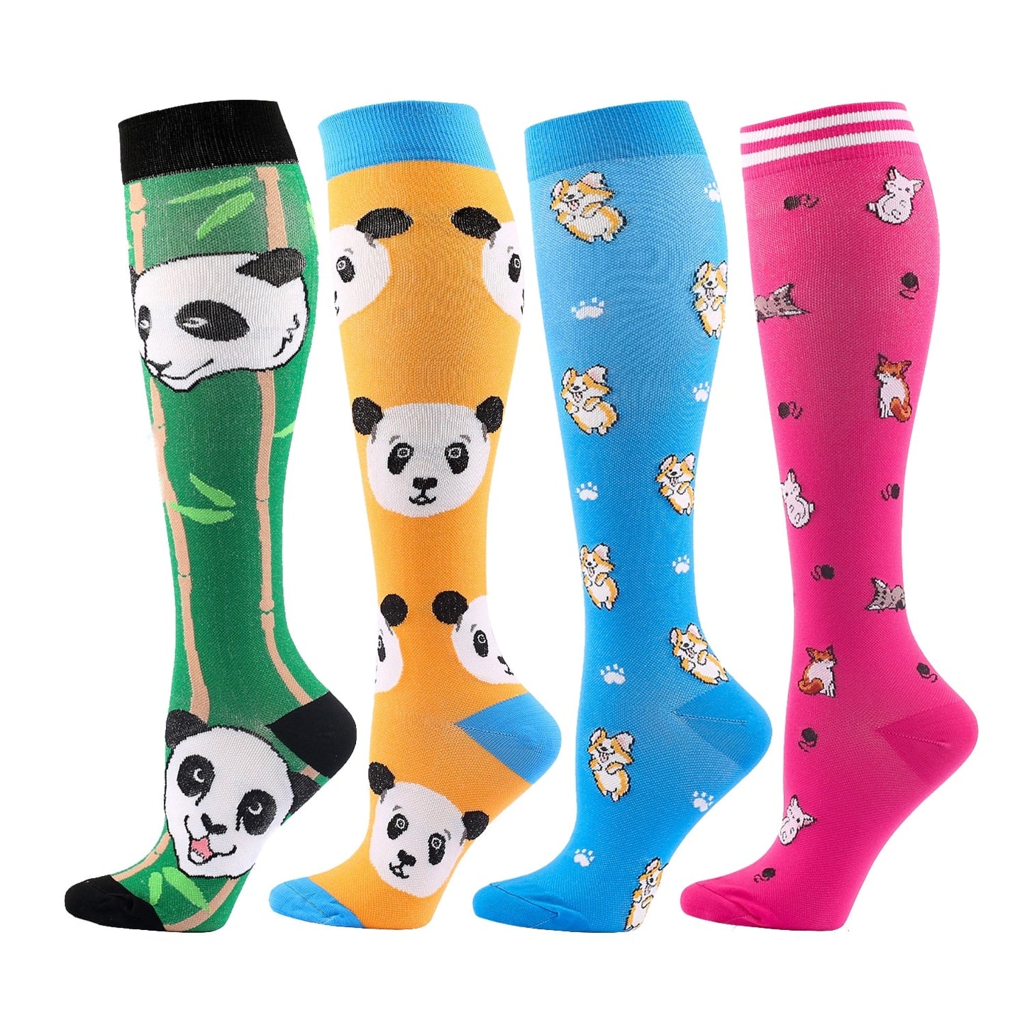 Farverige Lange Kompressionssokker (4 par) – Støttende, Komfortable og Energigivende Sokker Socks Tech Butik Grøn/Gul/Blå/Rosa S