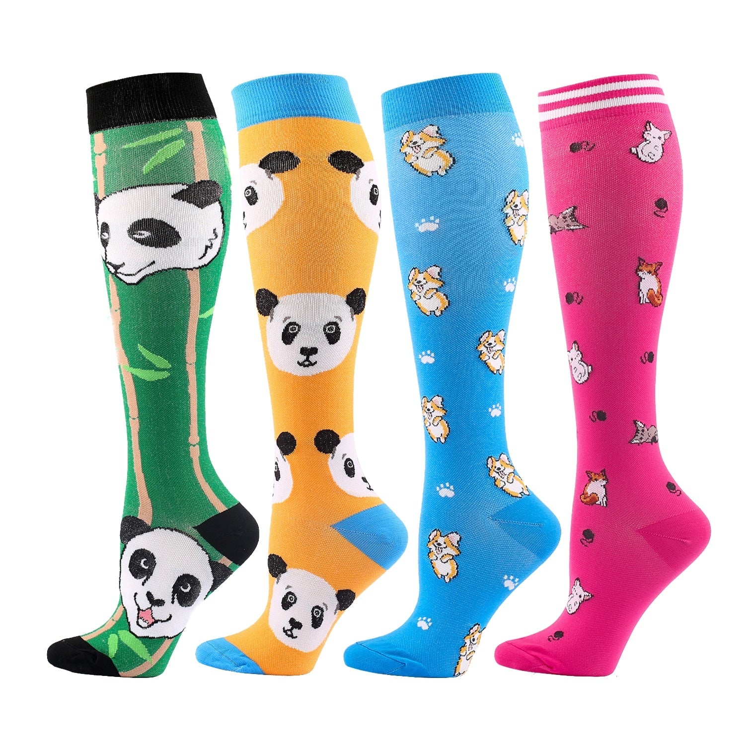 Farverige Lange Kompressionssokker (4 par) – Støttende, Komfortable og Energigivende Sokker Socks Tech Butik Grøn/Gul/Blå/Rosa S