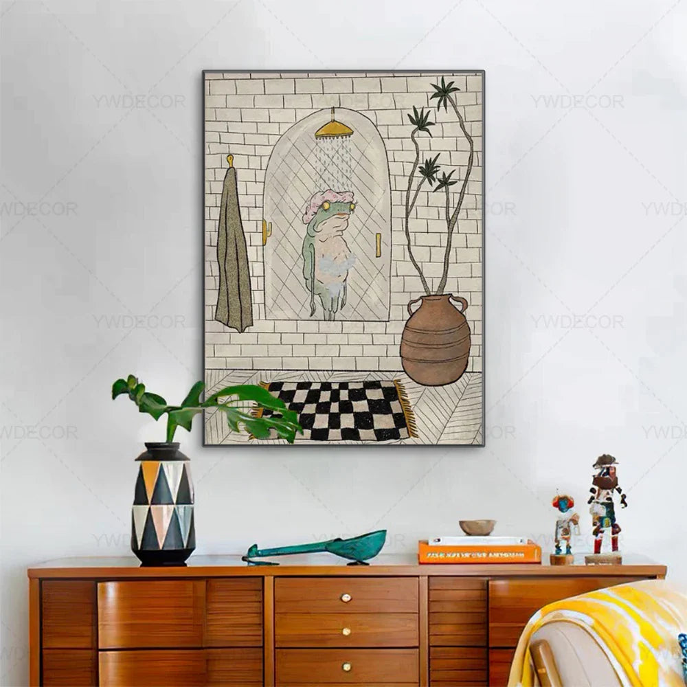 Charmerende Badefrø Vægkunst – Muntert Tegneserie Dyr Motif Home & Decor Tech Butik