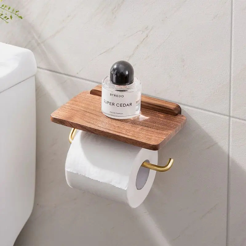 Moderne Vægmonteret Toiletrulleholder i Valnød med Praktisk Hylde Bathroom Accessories Tech Butik