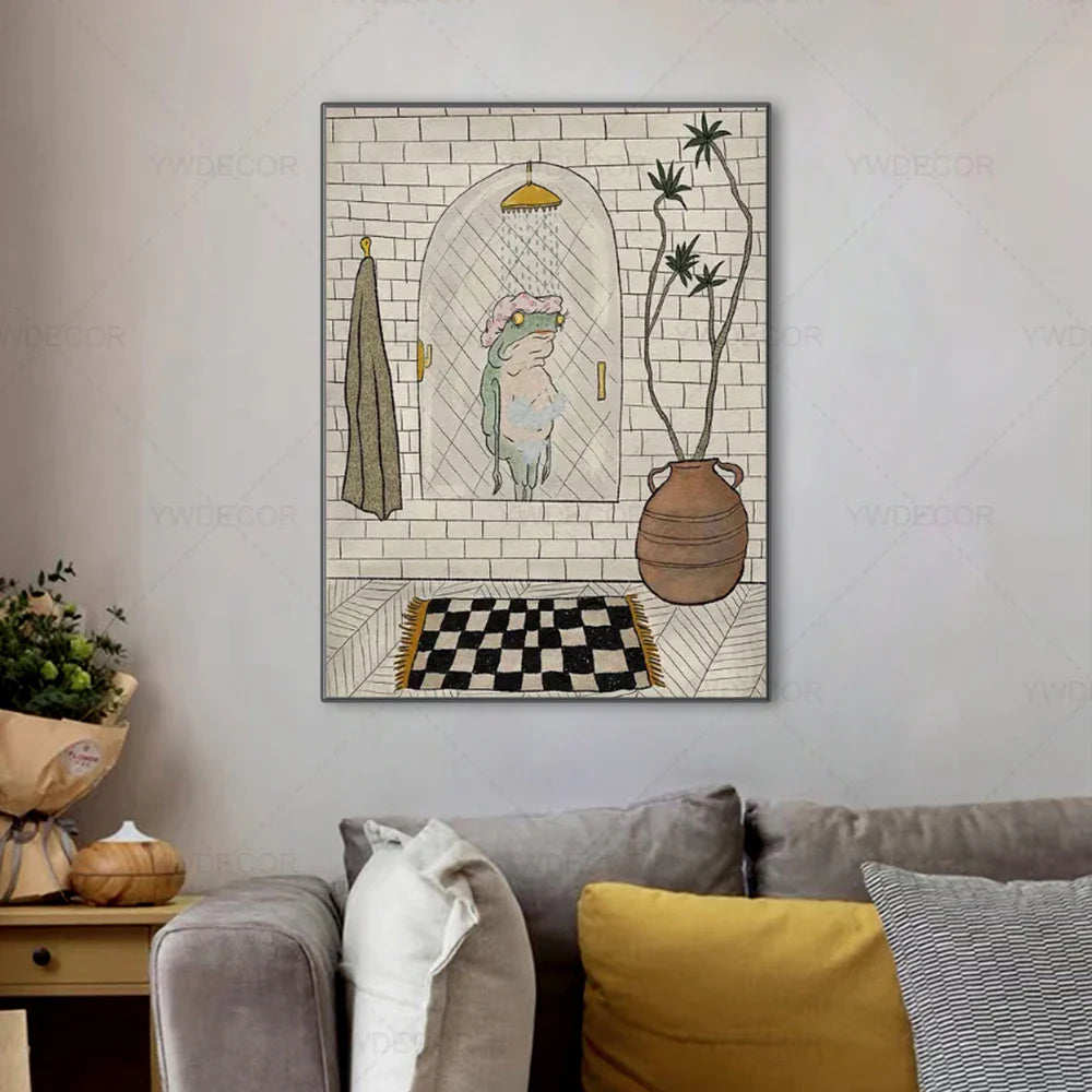 Charmerende Badefrø Vægkunst – Muntert Tegneserie Dyr Motif Home & Decor Tech Butik