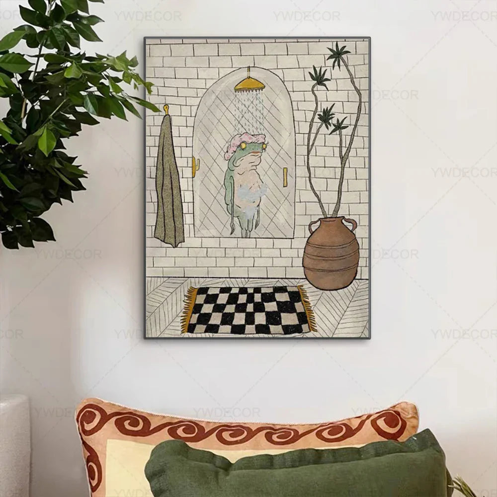 Charmerende Badefrø Vægkunst – Muntert Tegneserie Dyr Motif Home & Decor Tech Butik