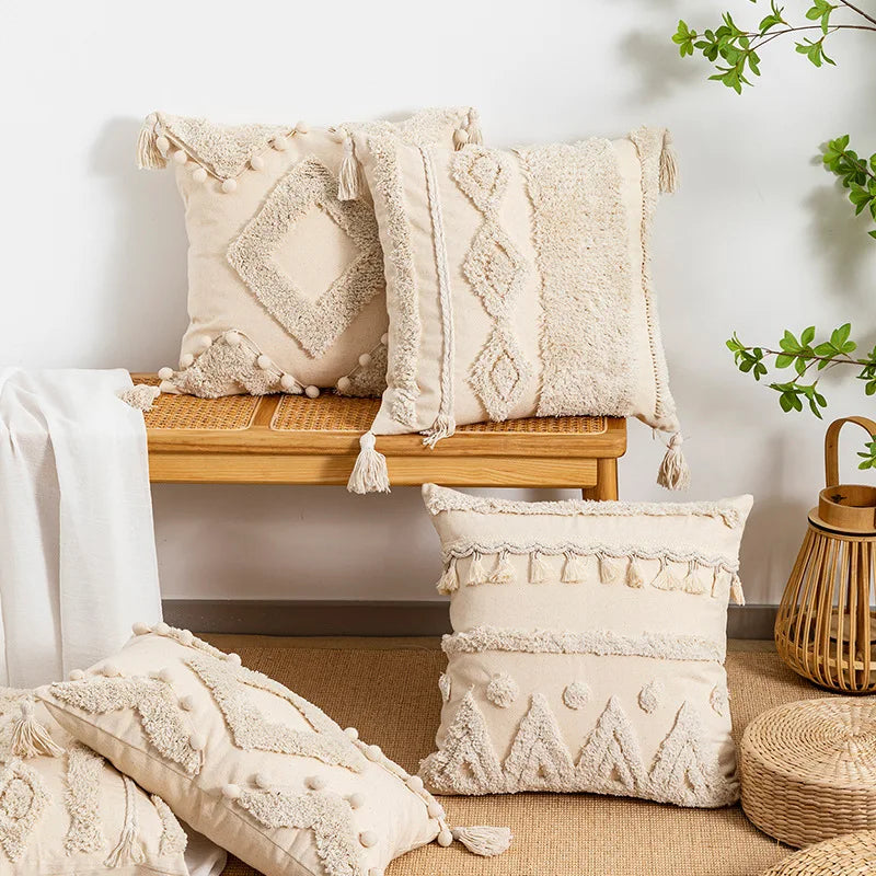 Tuftet Geometrisk Kvast Pudebetræk – Frynset Bomuld/Lin Accent Pillows Tech Butik