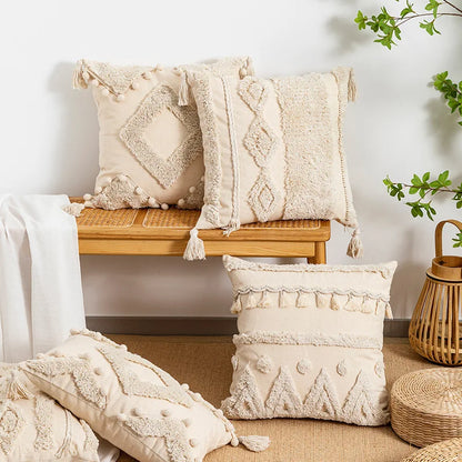 Tuftet Geometrisk Kvast Pudebetræk – Frynset Bomuld/Lin Accent Pillows Tech Butik