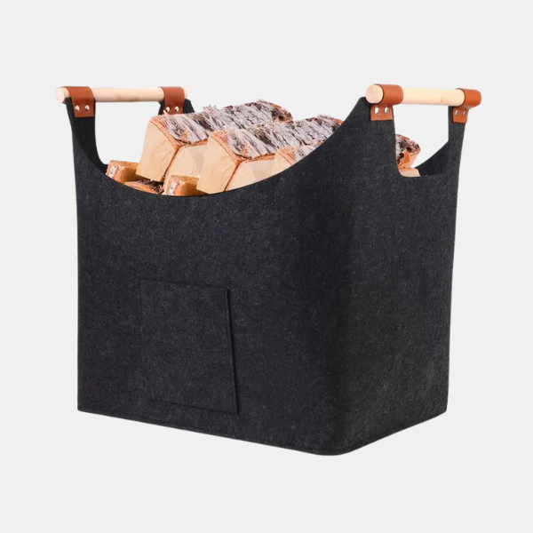 Sammenklappelig Brændekurv XL i Mørkegrå Filt Ekstra Stor Kapacitet med Træhåndtag og Læderdetaljer Kurve & Kasser Tech Butik