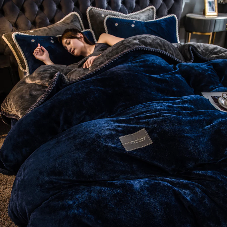 Luxuriøst Velour Sengetøjssæt – Blødt, Elegant & Ultra-Hyggeligt Bedding Set Tech Butik Navy & mørkegrå Dronning 4-delt sæt
