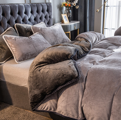 Luxuriøst Velour Sengetøjssæt – Blødt, Elegant & Ultra-Hyggeligt Bedding Set Tech Butik Lysegrå og mørkegrå Dronning 4-delt sæt