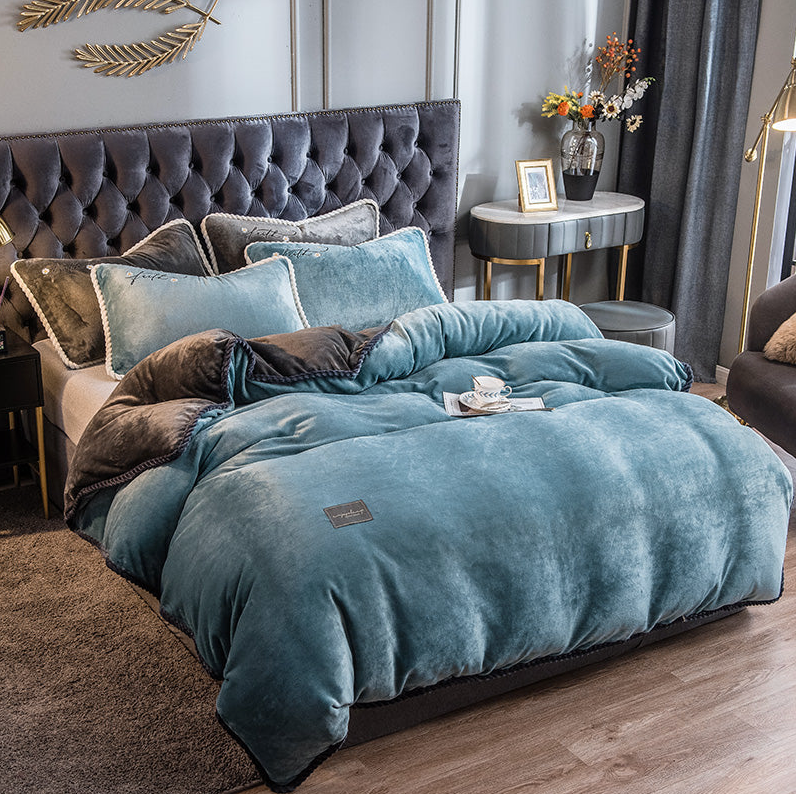 Luxuriøst Velour Sengetøjssæt – Blødt, Elegant & Ultra-Hyggeligt Bedding Set Tech Butik Havgrøn og mørkegrå Dronning 4-delt sæt