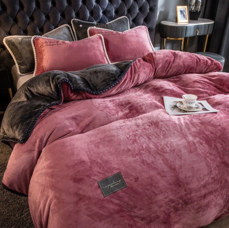 Luxuriøst Velour Sengetøjssæt – Blødt, Elegant & Ultra-Hyggeligt Bedding Set Tech Butik Pink og mørkegrå Dronning 4-delt sæt