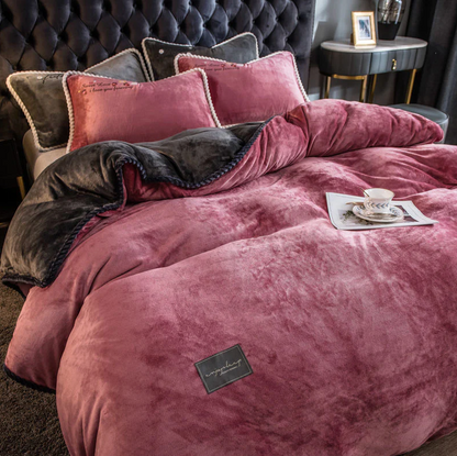 Luxuriøst Velour Sengetøjssæt – Blødt, Elegant & Ultra-Hyggeligt Bedding Set Tech Butik Pink og mørkegrå Dronning 4-delt sæt